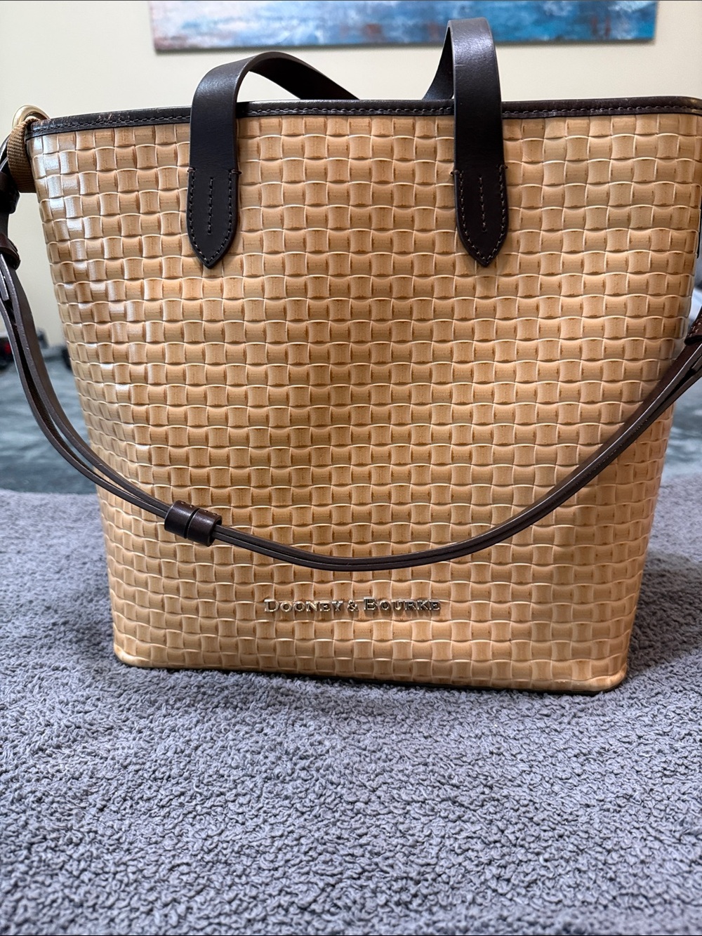 Dooney & Bourke Tan Woven Leather Tote with Dark Brown Trim